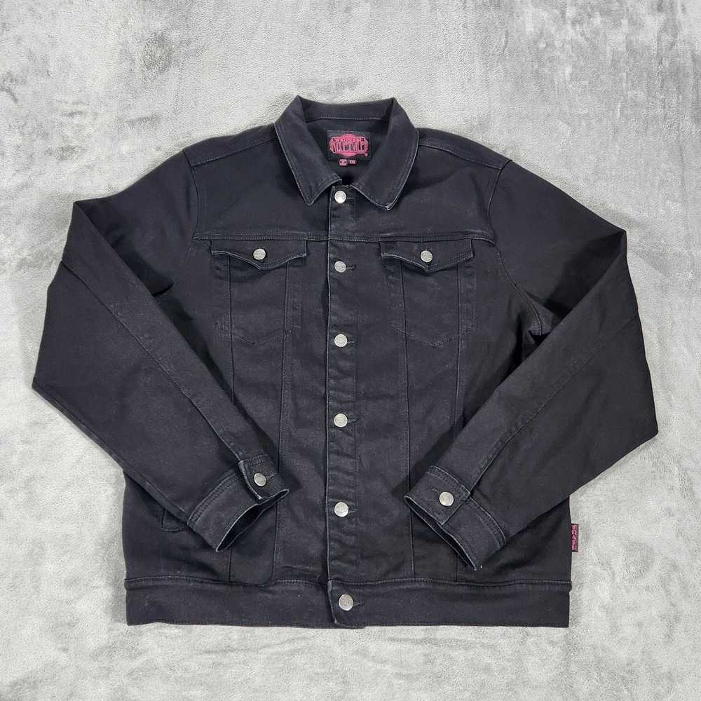 Tripp NYC Jacket Mens 2XL Black Denim Trucker Trash And Vaudeville Stretch